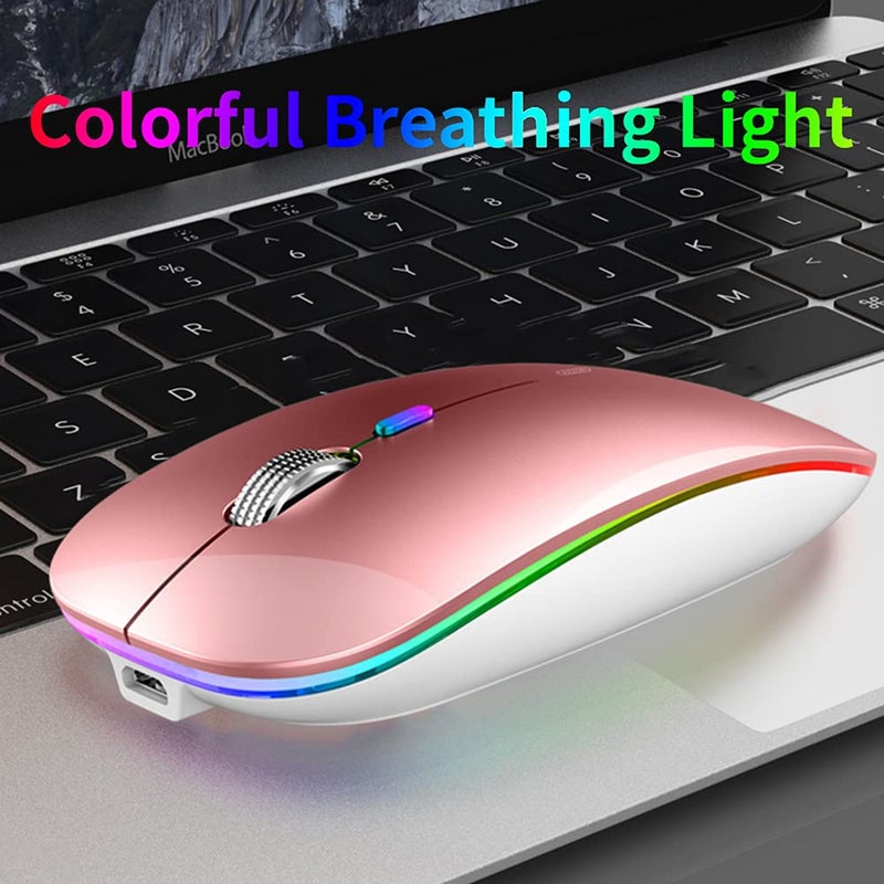 Uiosmuph LED Wireless Mouse, G12 Slim Rechargeable Silent Mouse, 2.4G Portable USB Optical Wireless Computer Mice with USB Receiver and Type C Adapter (Rose Gold) - Image 2